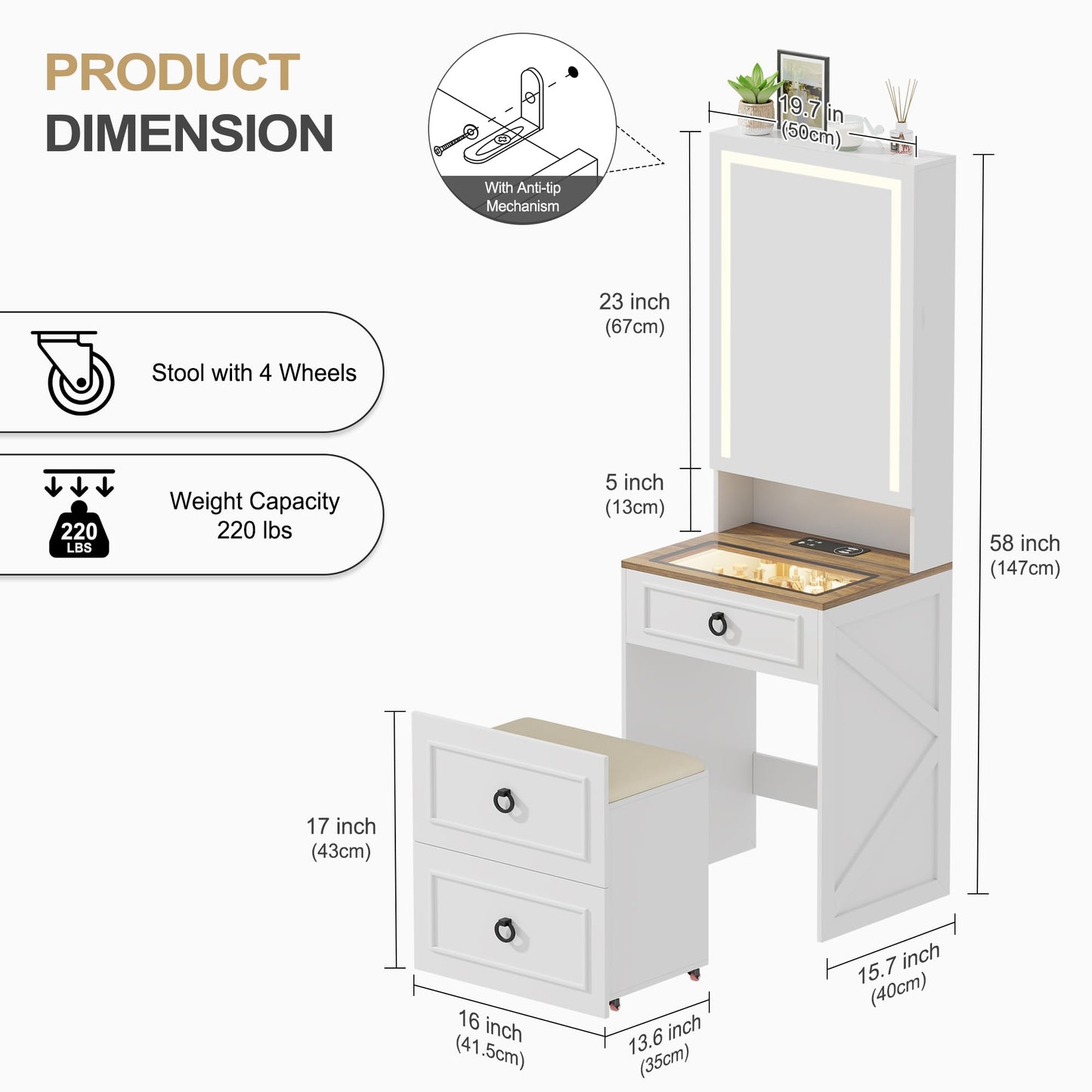 GLAMORA™ Toeletta 7-in-1 con Specchio LED & Scomparti Nascosti